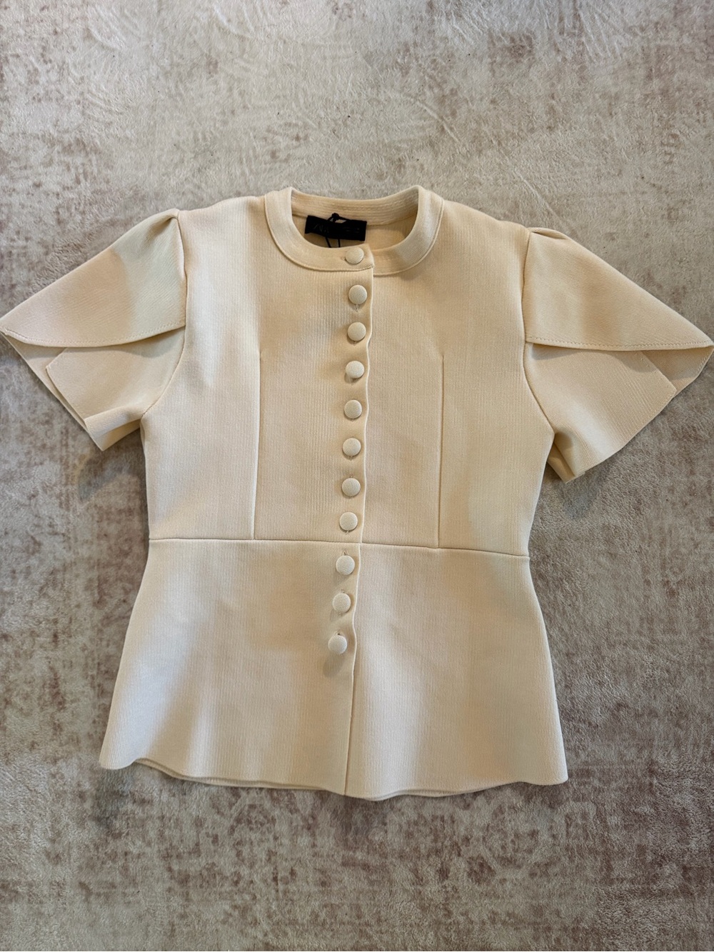 Zara Cream Button-Front Peplum Sleeve Blouse